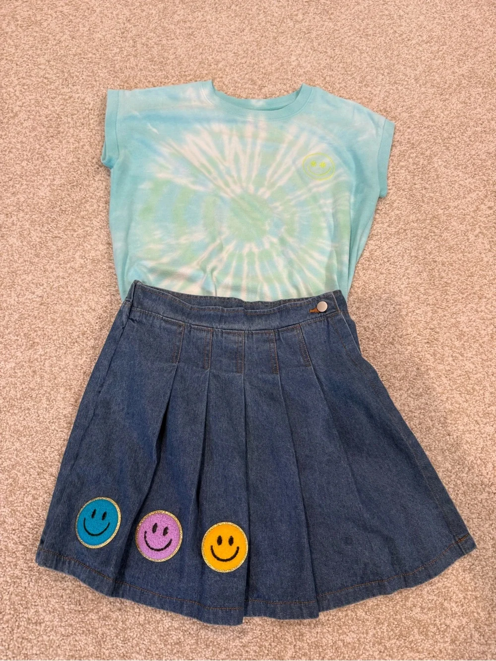 Back 2 School Outfit - Kids Denim Pleated Skort & Smiley Face T-shirt